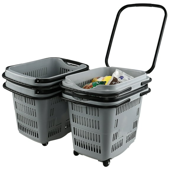 Nesmilers 50 L Plastic Shopping Basket with Wheels, 4 Pack Grey Portable Grocery Basket
