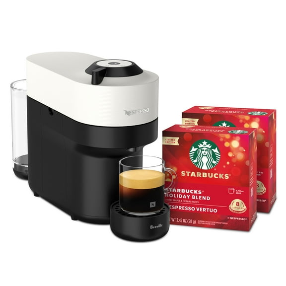 Nespresso Bundle, Vertuo Pop Machine and Starbucks Holiday Blend Capsules, 16 Pods