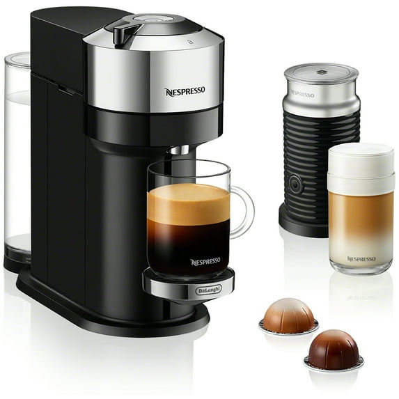 Nespresso By De'Longhi New Vertuo Next Premium Coffee and Espresso Maker in Chrome Plus Aeroccino3 Milk Frother in Black, Single-Serve Brewers