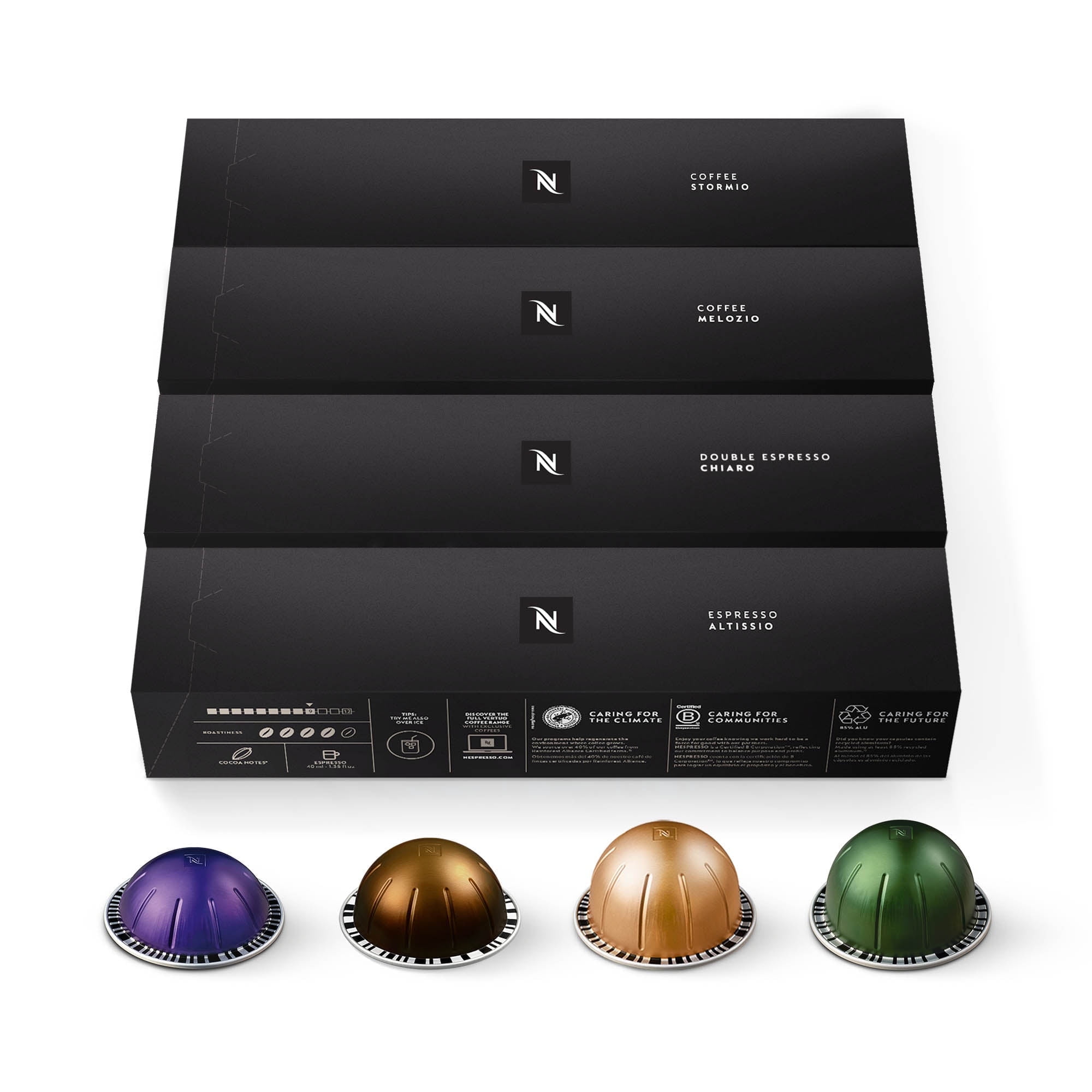 Nespresso Capsules Vertuo, Medium and Dark Roast Coffee, Variety Pack, Melozio, Stormio, Altissio, Double Espresso Chiaro, 40-Count Coffee & Espresso Pods, Brews 7.77 oz, 2.7 oz, and 1.35 oz