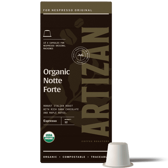 Artizan Coffee USDA Organic Espresso Coffee Capsules For Nespresso Original | Notte Forte | 10 Compatible Compostable Pods