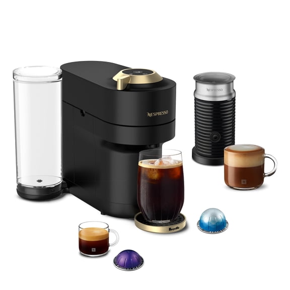 Nespresso Vertuo Pop+ Deluxe Coffee and Espresso Maker by Breville with Milk Frother, Matte Black Gold
