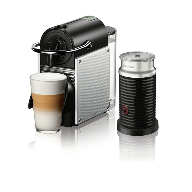 Nespresso by De'Longhi Pixie Single-Serve Espresso Machine with Simplified Water Tank in Aluminum and Aeroccino Milk Frother in Black