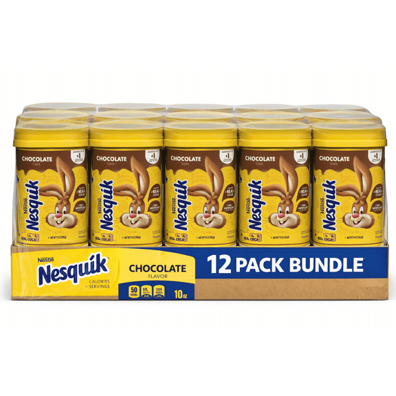 Nesquik Chocolate Powder Drink Mix 10 oz, 12 Count Chocolate Flavor Canisters, Bulk Case