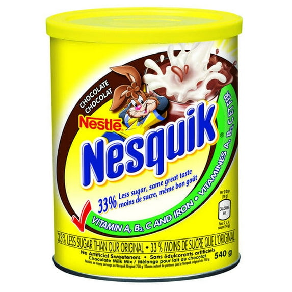 Nesquik Less Sugar Vitamin Enriched Chocolate Powder, 540g/19 oz. Canister {Imported from Canada}