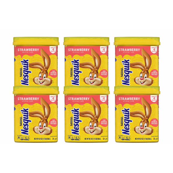 Nesquik Strawberry Powder Drink Mix 18.7 oz, 6 Count Strawberry Flavor Canisters, Bulk Case