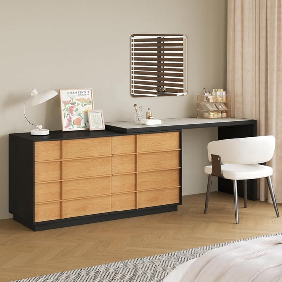 NessCarsti 47.2" Modern Vanity Desk with 6 Drawers, Makeup Vanity Table with Large Storage, Dressing Table for Bedroom, Multi-Use Computer & Writing Desk, Black and Wood