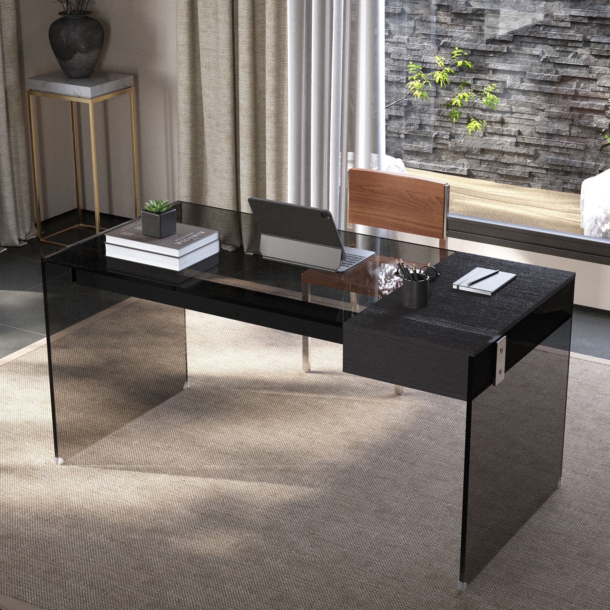 NessCarsti 53.14" Modern Tempered Glass Executive Desk with Drawer, Black Wood Finish and Tempered Glass Legs – Minimalist Stylish Workstation Table for Home Office