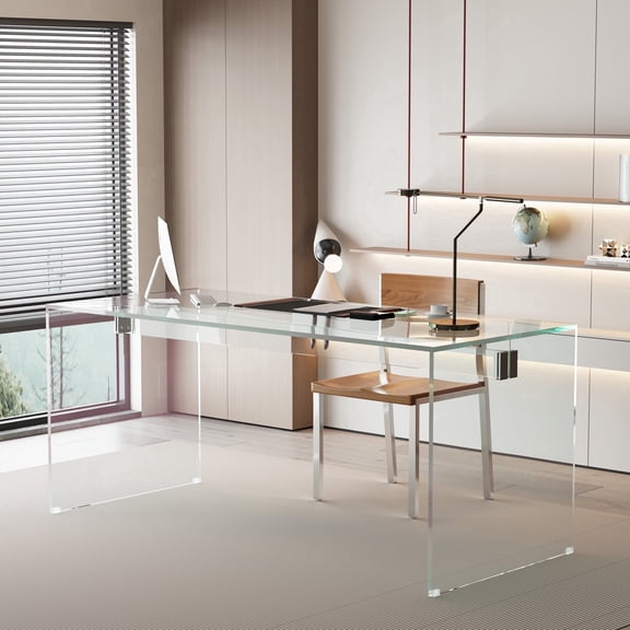 NessCarsti 53.14" Modern Tempered Glass Office Desk, Minimalist Rectangular Workstation Table, Sturdy Clear Design for Home Office & Living Room