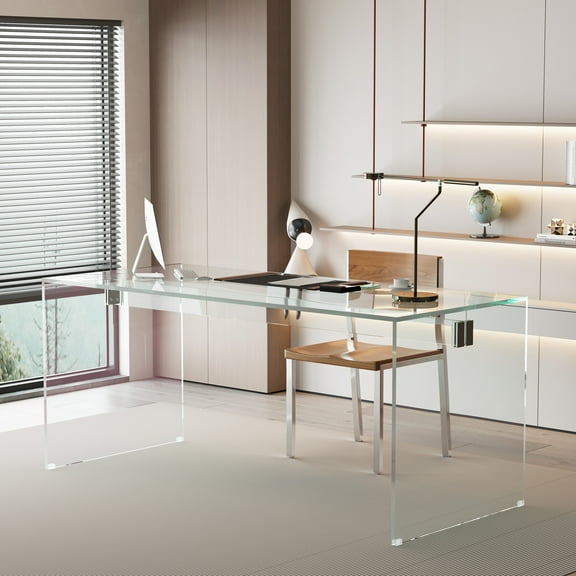 NessCarsti 53.14" Modern Tempered Glass Office Desk, Minimalist Rectangular Workstation Table, Sturdy Clear Design for Home Office & Living Room