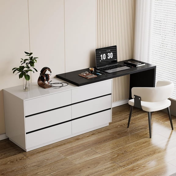 NessCarsti 59" Adjustable L-Shaped Vanity Desk with 6 Storage Drawers, Extendable Makeup Table for Bedroom, Modern Dressing Table for Bedroom, Apartment or Home, Black and White