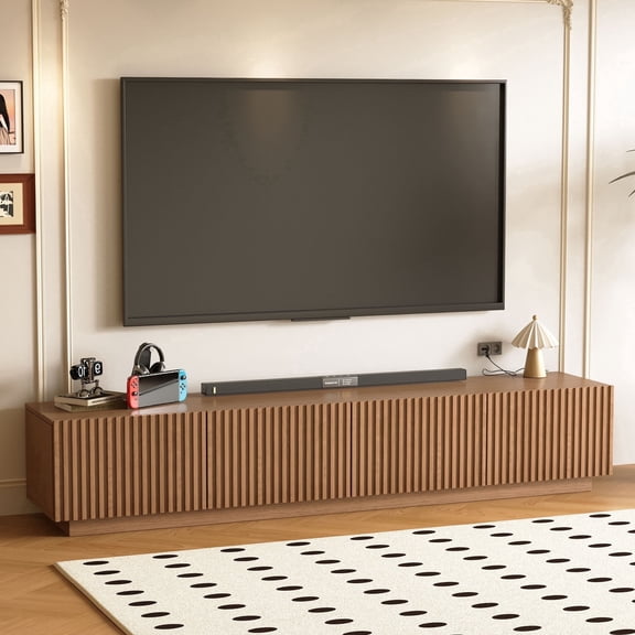 NessCarsti 86.61" Mid-Century Modern TV Stand for TVs up to 85", Sturdy Living Room Furniture Media Console with Large Storage Space, Entertainment Center for Living Room and Bedroom, Walnut
