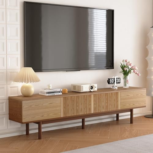 NessCarsti 88.6" Solid Wood TV Stand, Mid-Century Modern Console with Slatted Doors, Large Storage, Fits 90" TVs, Walnut