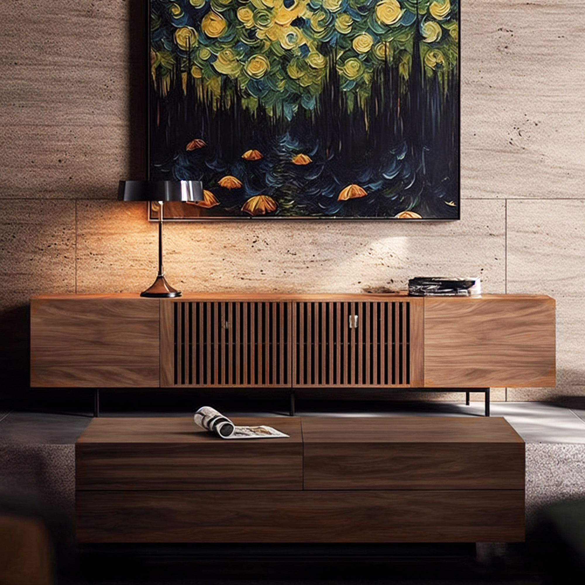 NessCarsti 94.48-Inch TV Stand with 4 Doors & Storage - Mid-Century Modern Walnut Entertainment Center for TVs up to 100", Compatible with Walmart