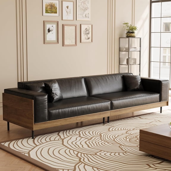 NessCarsti 98.42" Mid-Century Modern 4-Seater Leather Sofa Couch, Solid Wood Frame Living Room Furniture for Apartment or Office, Black