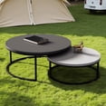 thumbnail image 1 of NessCarsti Modern Round Outdoor Coffee Table Set of 2, Nesting Wood Patio Tables with Black Metal Legs, Dark Gray, 31.5/23.7 Inches, All-Weather for Garden, Balcony, Porch, 1 of 8