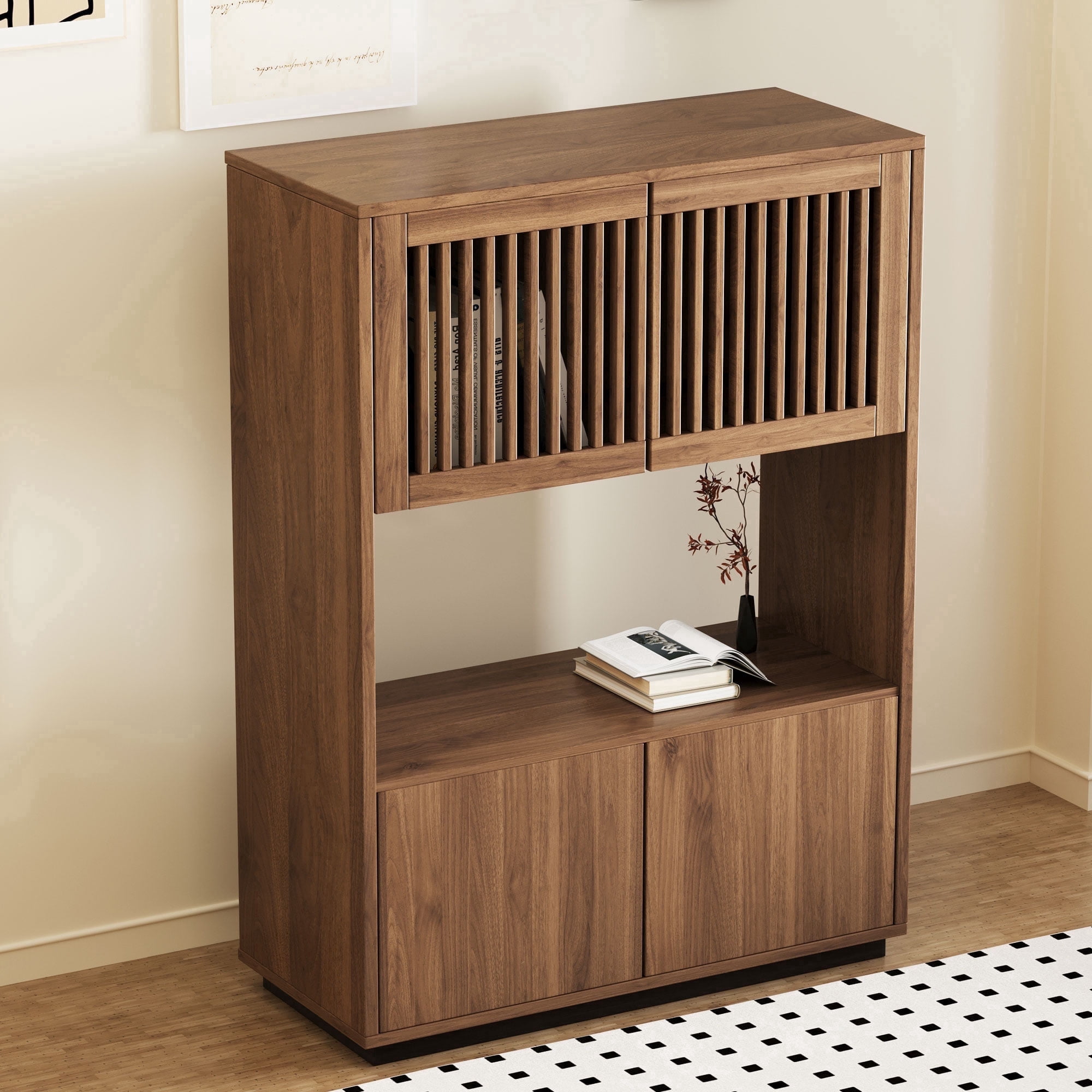NessCarsti Modern Storage Cabinet, 4 Doors, Shelves, Walnut Brown, 33.46"