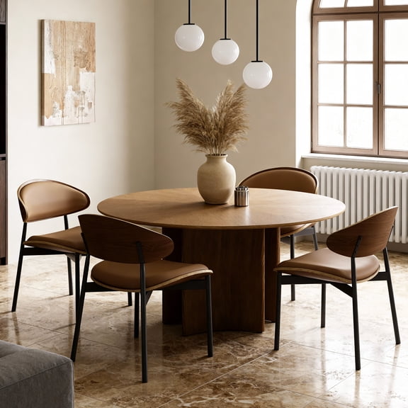 NessCarsti Round Dining Table for 4-6, Solid Wood Veneer, Walnut, 59.05", Modern Design