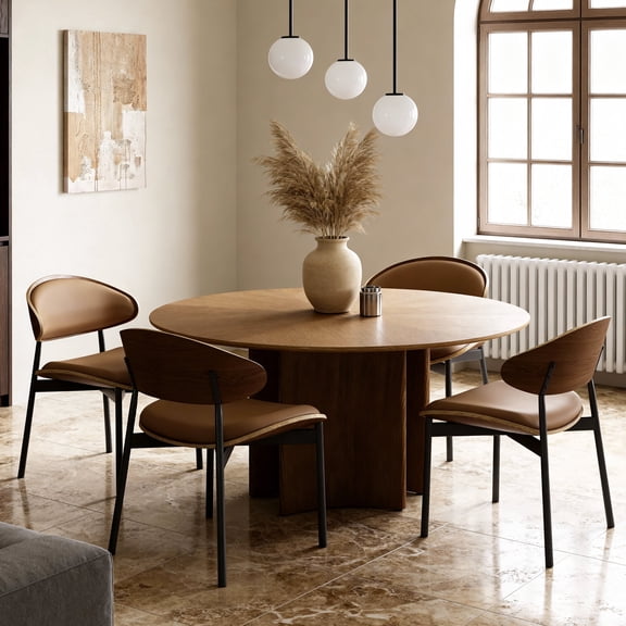 NessCarsti Round Dining Table for 4-6, Solid Wood Veneer, Walnut, 59.05", Modern Design