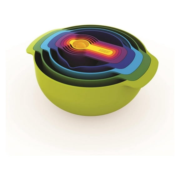 Nest 9 Plus, 9 Piece Compact Food Preparation Set with Mixing Bowls, Measuring cups, Sieve and Colander, MultiColor