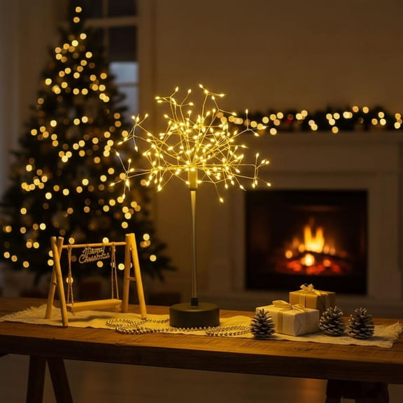 Nest and Flowers Table Lights Fireworks - Mini LED Starburst Lamp with Bendable Branches, Warm White Decorative Light for Christmas, Parties, Home Decor, Battery/USB Powered