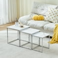 thumbnail image 1 of Nest of Tables Set of 3 ,High Gloss Square End Table Side Table with Metal Frame ,Sofa Side Table Wood Tabletop for Small Space, Modern Coffee Table Stacking End Table for Living Room,White Marble, 1 of 8