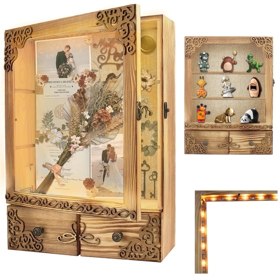 NestE-11x16 Shadow Box Frame with Light, Wedding Memorial Display Case with Shelves, Drawer and Slot for Keepsakes Large Deep Shadow Box for Flowers,Wedding Gift, Rustic Wood