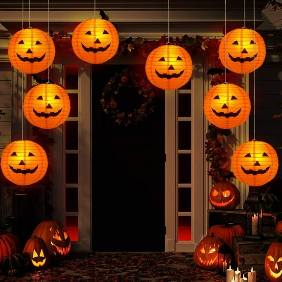 NestE 12pc Halloween Jack O Lantern 8inch Halloween Decorations Plastic Pumpkins Pumpkin Hanging Paper Lantern Halloween Indoor Outdoor Party Decoration Supplies