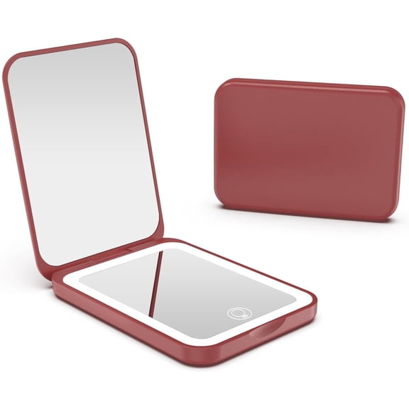 NestE-2025 Pocket Mirror, Rechargeable Dimmable 3 Color Lighting 1X/3X LED Compact Travel Makeup Mirror for Purse, Portable, Folding, Handheld, Small Lighted Mirror for Women Gift, Wine Red