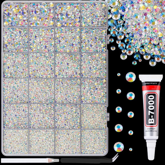 NestE-25000Pcs Resin Rhinestones for Crafting,Transparent AB 2-6mm Mixed Sizes Non Hotfix Flatback Gems with 1Pcs Glue,Bedazzling Crystal DIY Craft Clothing Mugs Tumblers Shoes Fabric Decor Nail Art