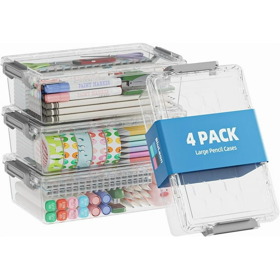 4 Pack Extra Large Pencil Box, Plastic Pencil Case Organizer, Clear Crayon Box Marker Organizer, Stackable Craft Organizers and Storage for Pen, Craft, Art Supply(Grey)