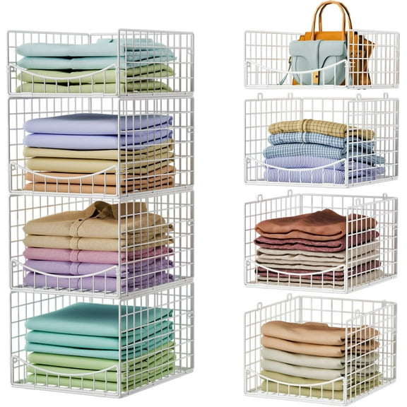 NestE 4-Tier Stackable Closet Organizers and Storage Shelves, Clothes Storage Basket Sweater Organizer Bins Container for Wardrobe Kitchen Bathroom Office, White