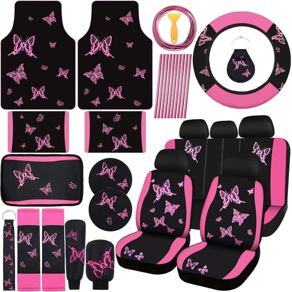 NestE-47 Pcs Butterfly Car Seat Full Set Butterfly Car Accessories for Women 5 Front Rear Seat Covers Wrist Strap 2 Pieces Cup Mat Armrest Pad 2 Belt Cover Accessories for SUV(Pink Black)