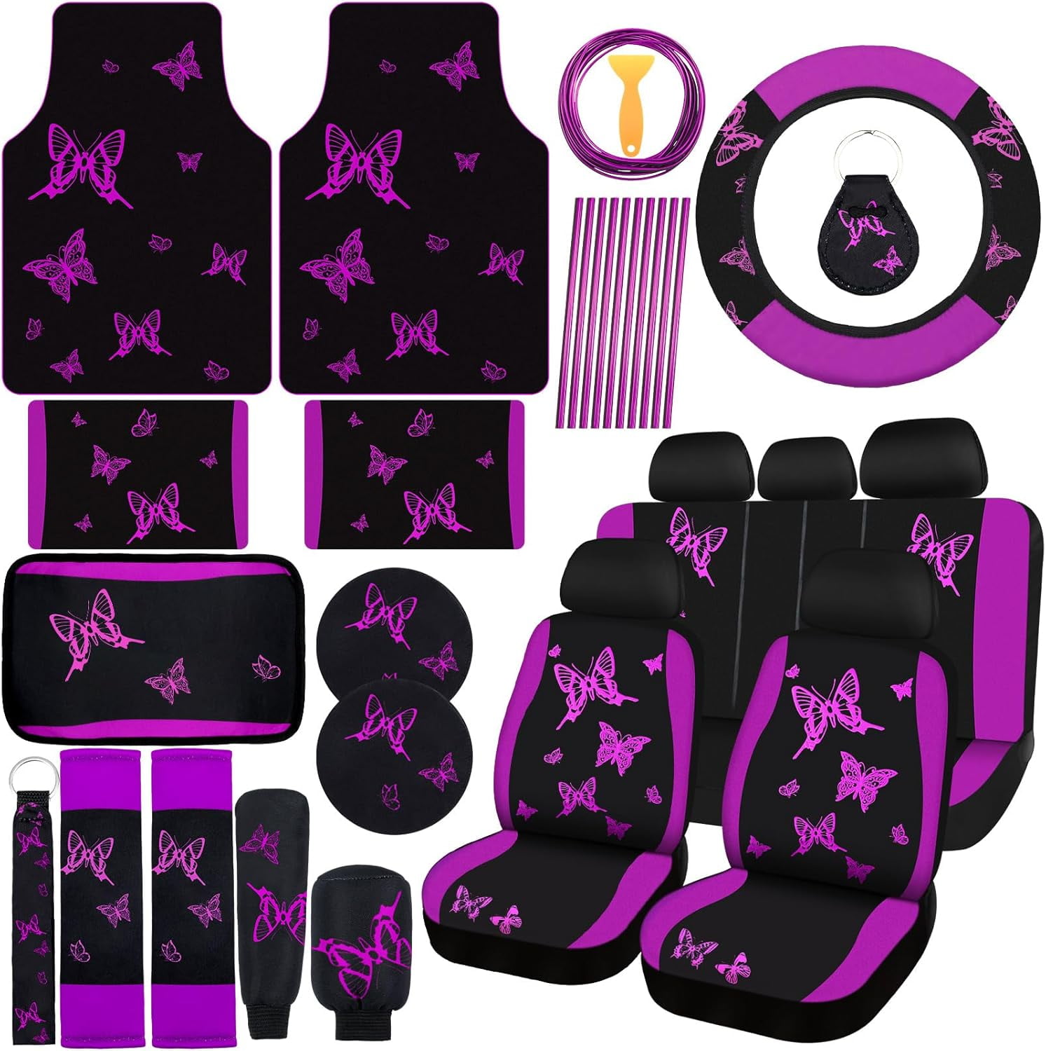 NestE-47 Pcs Butterfly Car Seat Full Set Butterfly Car Accessories for Women 5 Front Rear Seat Covers Wrist Strap 2 Pieces Cup Mat Armrest Pad 2 Belt Cover Accessories for SUV(Purple Black)