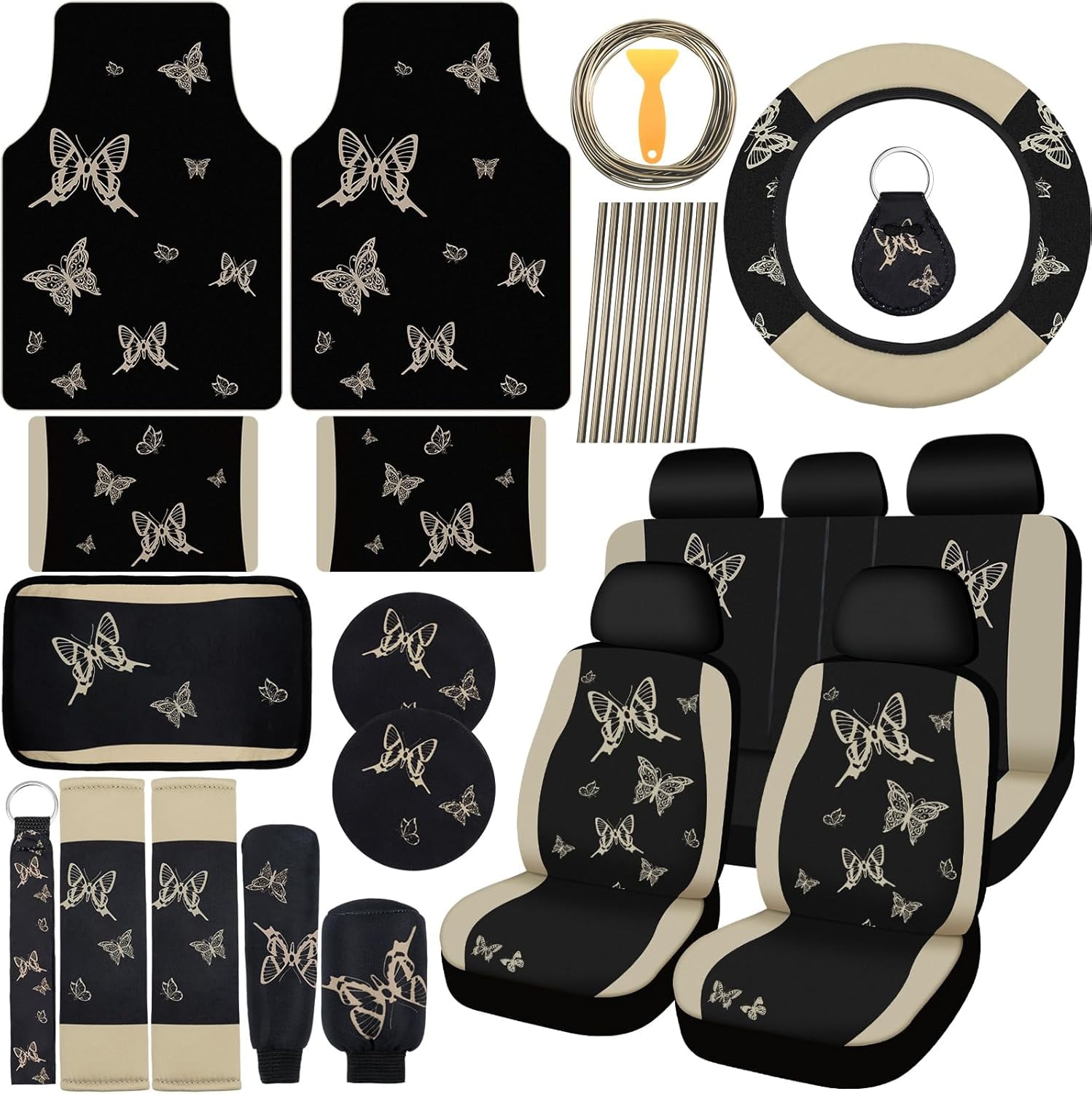 NestE-47 Pcs Butterfly Car Seat Full Set Butterfly Car Accessories for Women 5 Front Rear Seat Covers Wrist Strap 2 Pieces Cup Mat Armrest Pad 2 Belt Cover Accessories for SUV(Cream-Colored，Black)