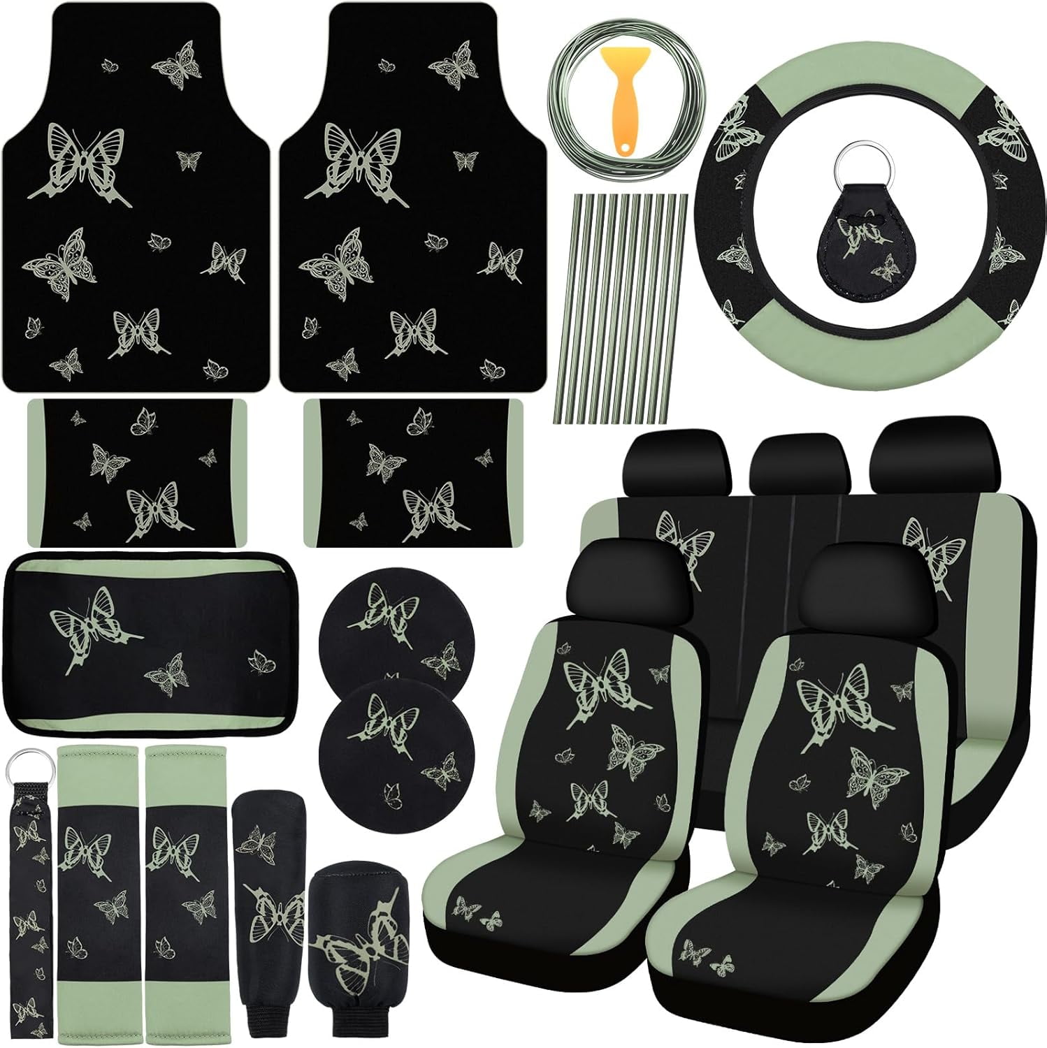 NestE-47 Pcs Butterfly Car Seat Full Set Butterfly Car Accessories for Women 5 Front Rear Seat Covers Wrist Strap 2 Pieces Cup Mat Armrest Pad 2 Belt Cover Accessories for SUV(Sage Green)