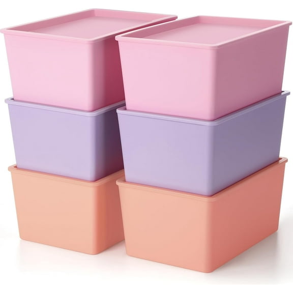 NestE-6 Pcs Storage Bins with Lids Small Plastic Storage Containers Stackable Storing Baskets Box Cute Organizer Bins for Organizing Shelves (Pink,Purple,Orange)