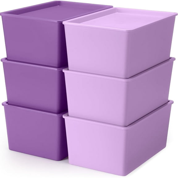 NestE-6 Pcs Storage Bins with Lids Small Plastic Storage Containers Stackable Storing Baskets Box Cute Organizer Bins for Organizing Shelves (Purple Series)