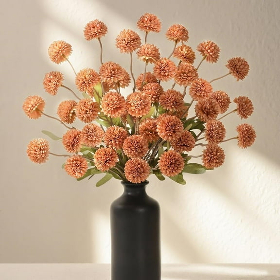 NestE 6pcs Fake Fall Flowers Faux Silk Pompon Mums, Bulk Fake Mini Chrysanthemums with Stems, Artificial Kiku Flowers for Vase DIY Centerpieces Bouquet Floral Arrangements Decorations, Orange