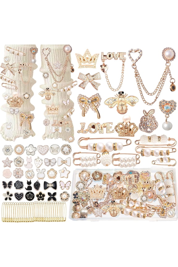 NestE - 72Pcs Junk Socks Charms Kit, Gold Brooches and Pins ,Pearl and Rhinestone Sock Charms with Safety Pins, DIY Accessories for Decorating and Personalizing Socks Clothes Hats Shoes Scarf Shawl