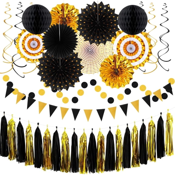 NestE Black-Gold Graduation Party-Decorations - 33pcs Kits Banner, Streamers Tassel Garland,Tissue Pom Poms Honeycomb, Paper Lantern Fans,Wedding New Year Birthday Baby Shower Decor