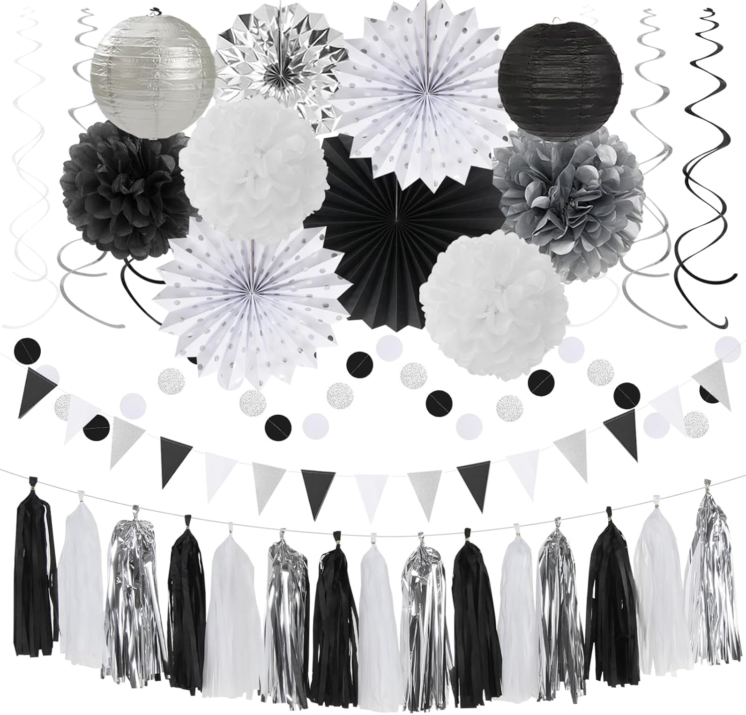 NestE Black White-Silver Party-Decorations - 33pcs Kits Banner,Graduation Streamer Tassel Garland,Tissue Pom Poms Honeycomb,Paper Lantern Fans,Birthday Wedding Baby Bridal Shower New Years Decor
