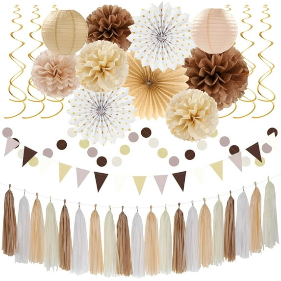 NestE Boho Baby-Shower White-Brown Champagne Fall Party-Decorations - 33pcs Banner,Streamers Tassel Garland,Tissue Pom Poms Honeycomb,Paper Lantern Fan,Autumn,Bridal,Christmas,Birthday,Wedding Decor