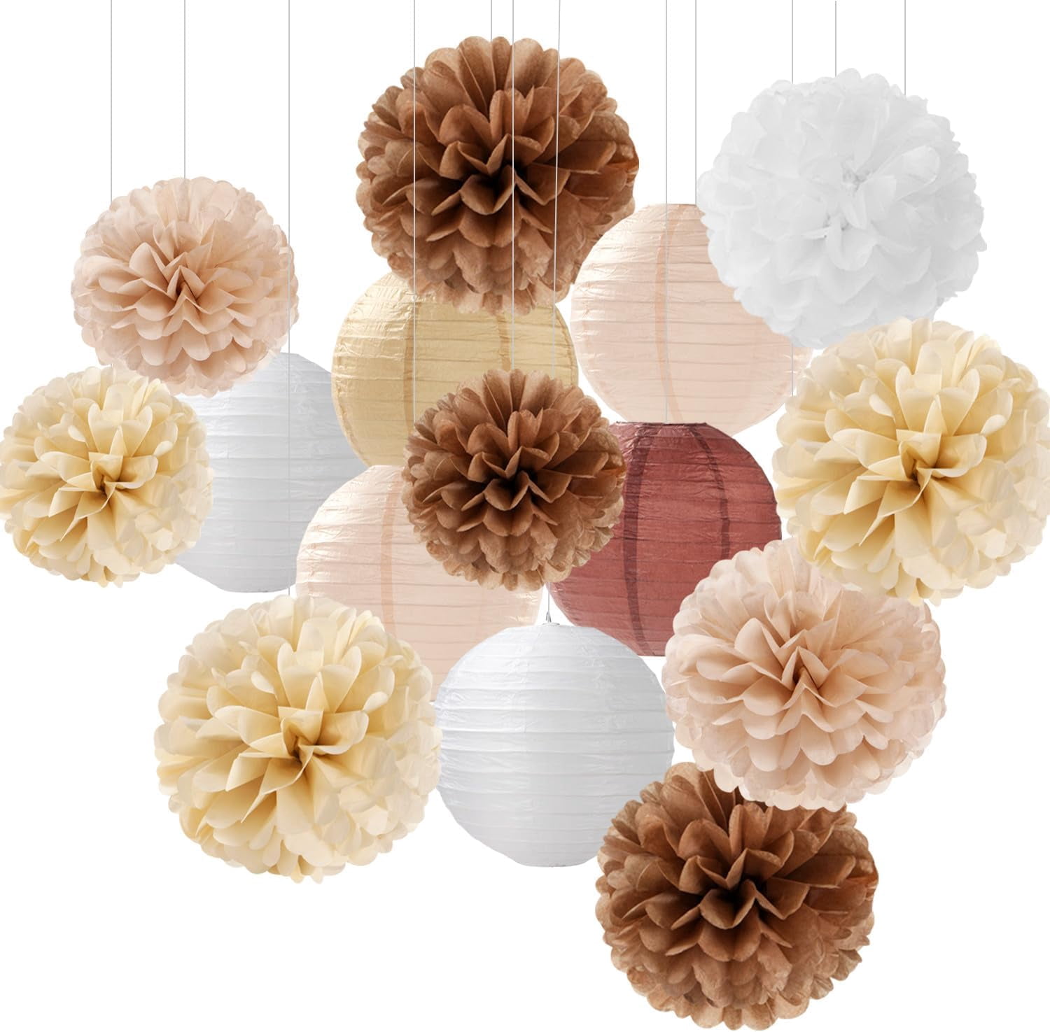 NestE-Boho Rustic Wedding Party-Decorations Paper Flowers Lanterns - 15PCS Fall Baby Shower Gender Neutral Streamers,Brown Champagne White Tissue Pom Poms,Autumn Birthday Bridal Decor