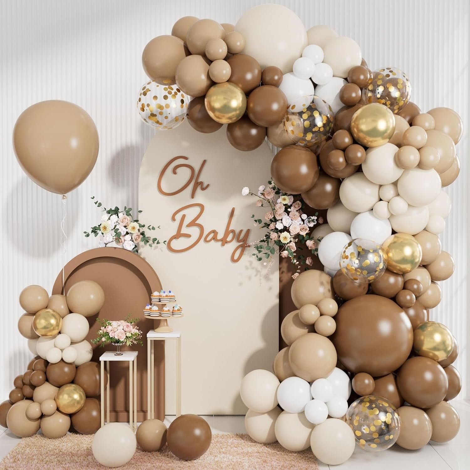 NestE - Brown Balloon Garland Arch Kit 141PCS Brown Boho Neutral White Gold Latex Metallic Confetti Balloons for Safari Neutral Bear Baby Shower Birthday Party Decorations