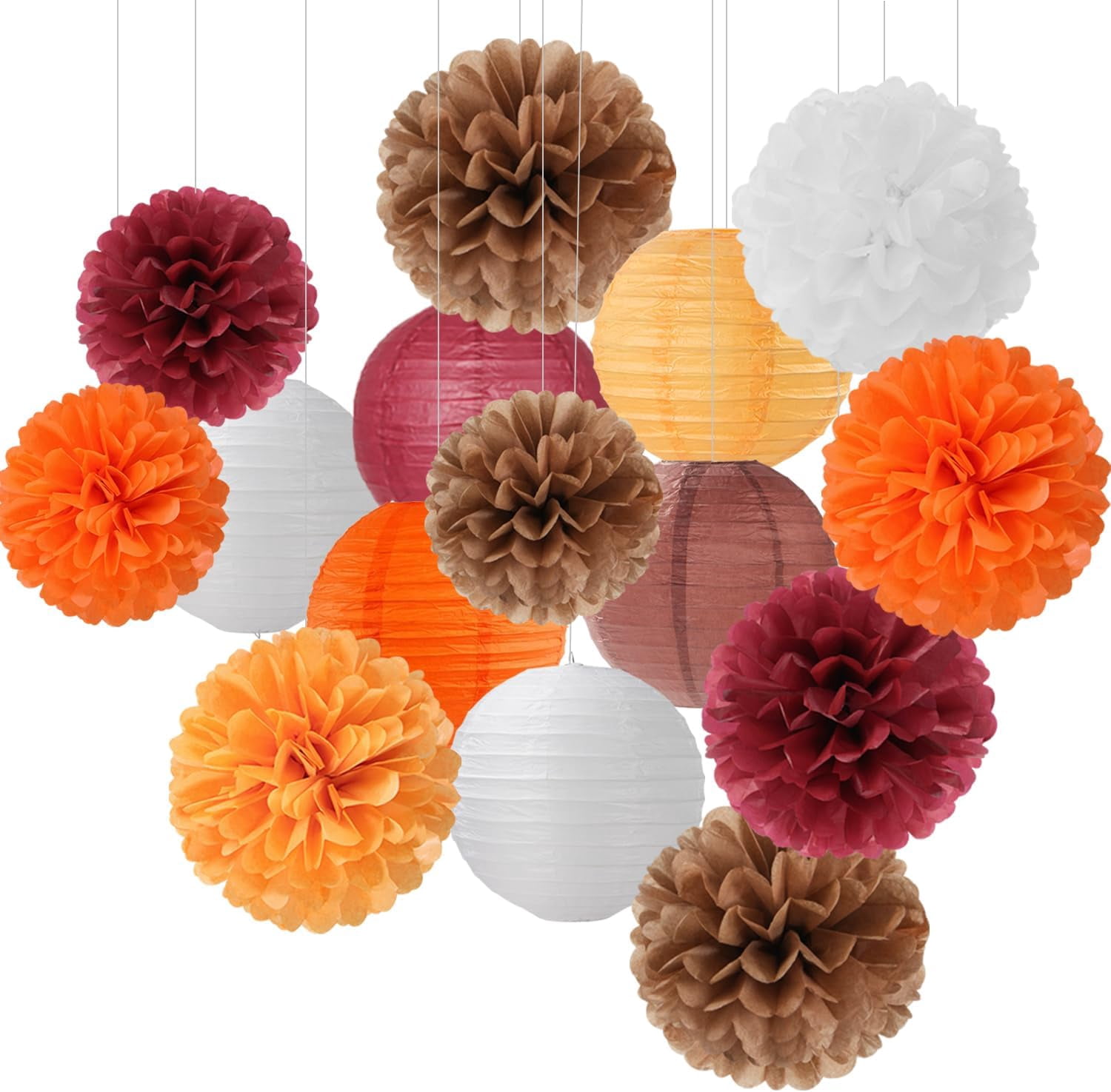 NestE-Brown Burgundy-Orange Party-Decorations Paper-Flowers Lanterns - 15PCS Fall Boho Tissue Pom Poms Streamers,Baby Bridal Shower Rustic Wedding Neutral Birthday Coffee Halloween ThanksgivingDecor
