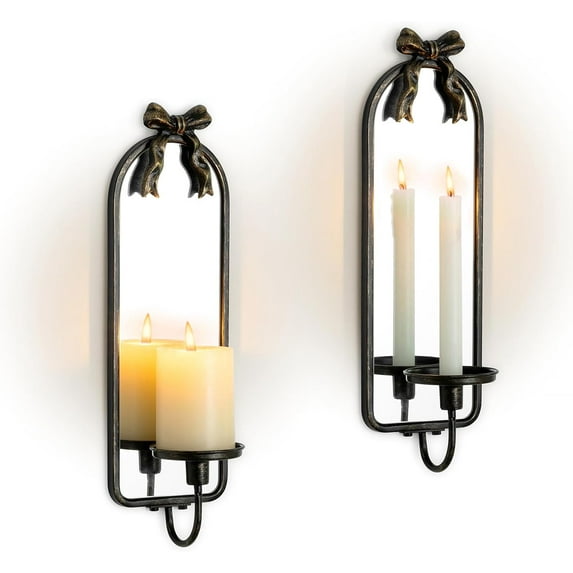 NestE Candle Sconces Black Wall Decor: Set of 2 Metal Wall Candle Holder Decorative for Taper Pillar Candles - Vintage Candle Sconces Art for Fireplace Bathroom Livingroom Halloween
