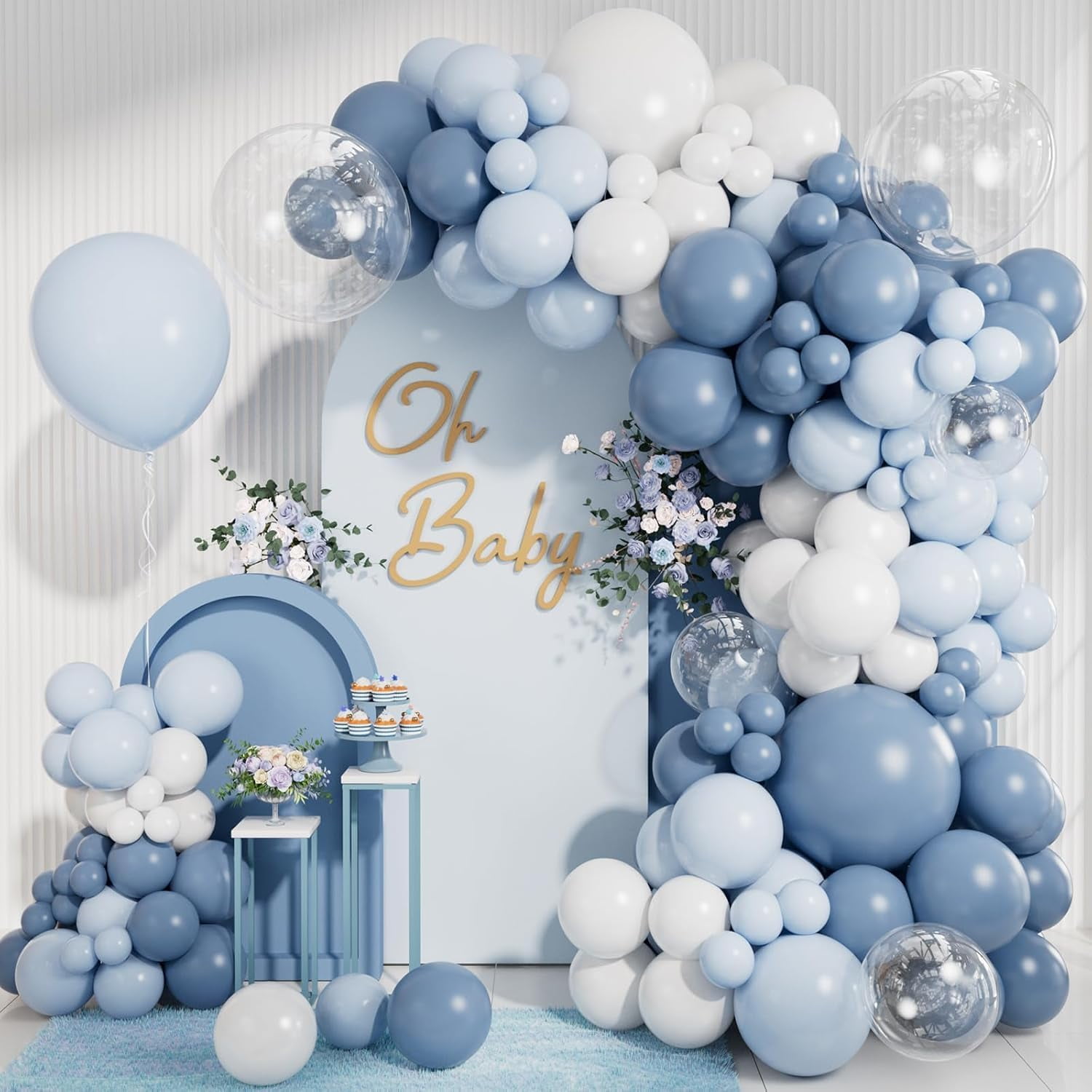 NestE - Dusty Blue Balloon Garland Arch Kit 140PCS Light Blue White Clear Balloons in 18 12 10 5 Inch for Baby Shower Gender Reveal Bridal Shower Wedding Birthday Party Decorations