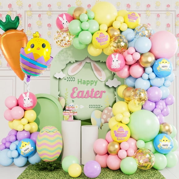 NestE - Easter Balloon Garland Arch Kit, Pastel Balloon Arch Macaron Balloons with Chicken Egg Carrot Foil Balloons for Happy Easter Party Birthday Party Supplies Baby Shower Decorations