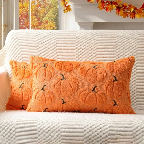 NestE Fall Pumpkins Decorative Lumbar Pillow Covers 12x20 Set of 2, Orange Soft Plush Faux Fur Wool Farmhouse Throw Cushion Cases for Autumn Thanksgiving Holiday Home Decorations